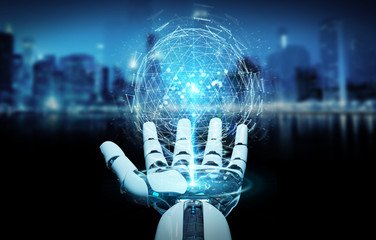White robot hand using digital triangle exploding sphere hologram 3D rendering