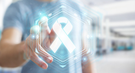 Businessman using digital ribbon cancer interface 3D rendering