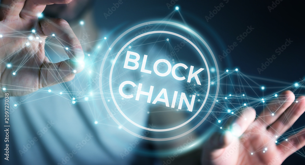 Poster Businessman using blockchain cryptocurrency interface 3D rendering