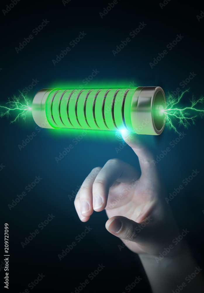 Aufkleber businessman using green battery with lightnings 3d rendering