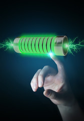 Businessman using green battery with lightnings 3D rendering