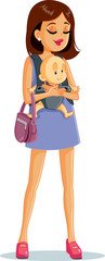 Happy Mother Smiling with Baby in Sling Vector Illustration