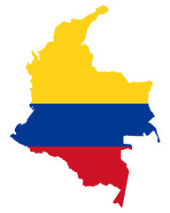 National flag of Colombia in the country silhouette. Colombian state ensign. Horizontal tricolour of yellow, blue and red. Republic in South America. Isolated illustration on white background. Vector