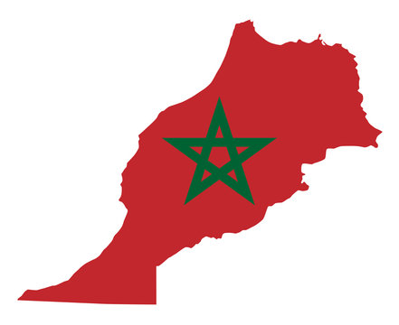 National flag of Morocco in the country silhouette. Moroccan state ensign. Red field and green pentagram. Sovereign state in Maghreb region of North Africa. Isolated illustration over white. Vector.