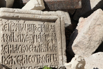 Ancient fragments of stones on excavations