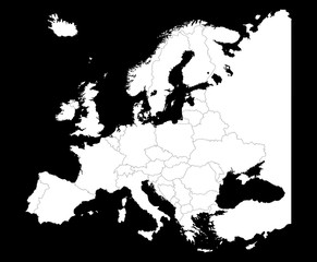 Map of Europe silhouette with country borders isolate on black