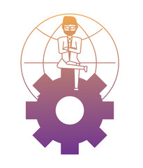 cartoon businessman sitting on gear wheel over global sphere and white background, vector illustration