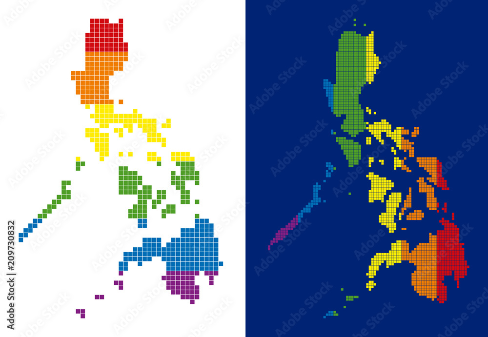 Poster dotted lgbt philippines map variants. vector geographic maps in lgbt flag colors with vertical and h