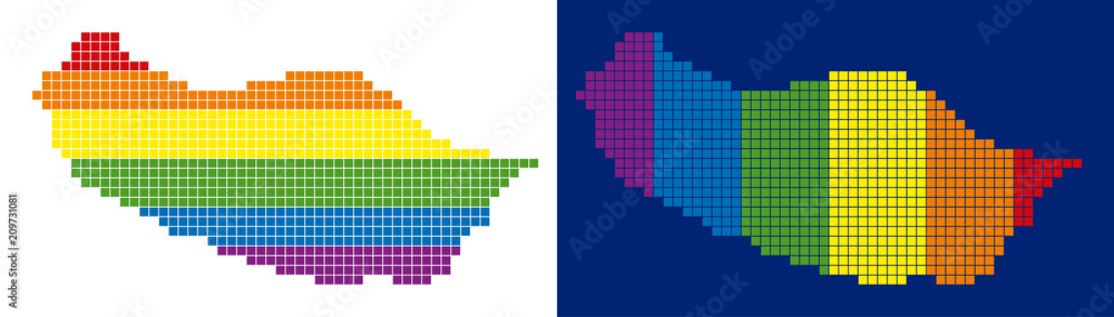 Poster dotted lgbt portugal madeira island map variants. vector geographic schemes in spectrum colors with 