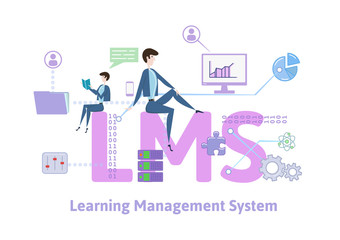 LMS, learning management system. Concept with keywords, letters and icons. Colored flat vector illustration on white background.