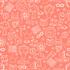 Peach seamless pattern with white doodles, koalas, squirrels, and hedgehogs.