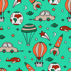 Bright seamless pattern for design with car, a rocket and balloons.