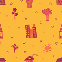 Orange seamless pattern with skyscrapers, houses and trees.