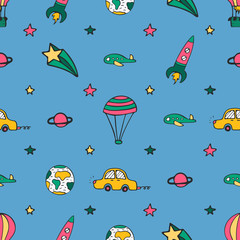 Fototapeta na wymiar Blue seamless pattern for design with car, a rocket and balloons.