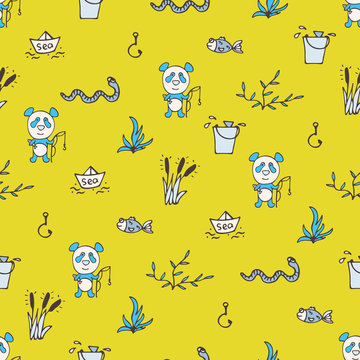 Yellow seamless pattern with the panda, fishes, and fishing.