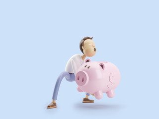 3d illustration. Businessman Jimmy  puts money in a piggy bank.