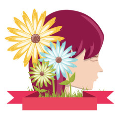 emblem with decorative flowers and profile of a woman over white background, vector illustration