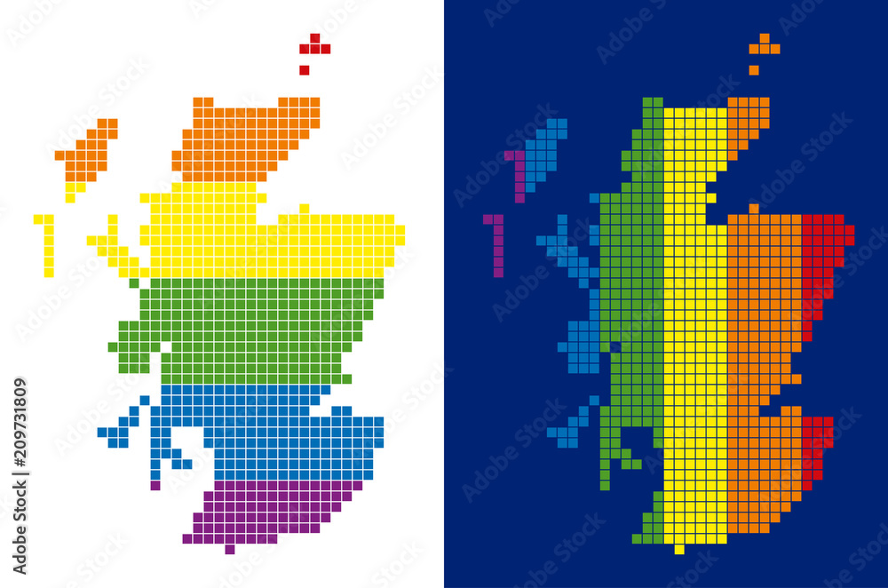 Poster dot lgbt scotland map variants. vector geographic maps in rainbow colors with vertical and horizonta