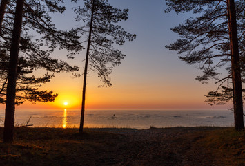 Baltic sea - early morning golden shades sunrise over the sea, panorama. Panoramic view. Kurzeme, Latvia