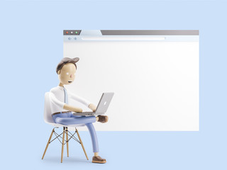 3d illustration. Businessman is sitting in the Internet browser