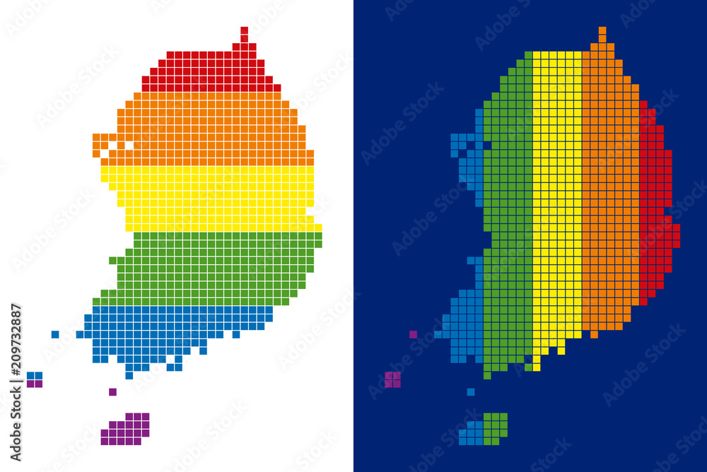 Poster dotted lgbt south korea map variants. vector geographic maps in spectral colors with vertical and ho