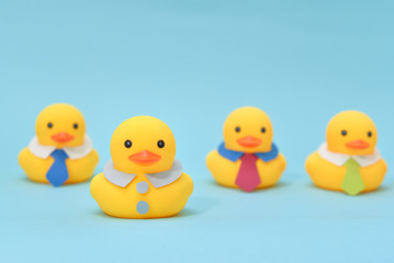 Leadership concept, one of rubber duck is standing out from the line.