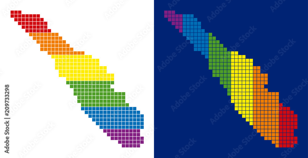 Poster dot lgbt sumatra island map versions. vector geographic schemes in rainbow colors with vertical and 