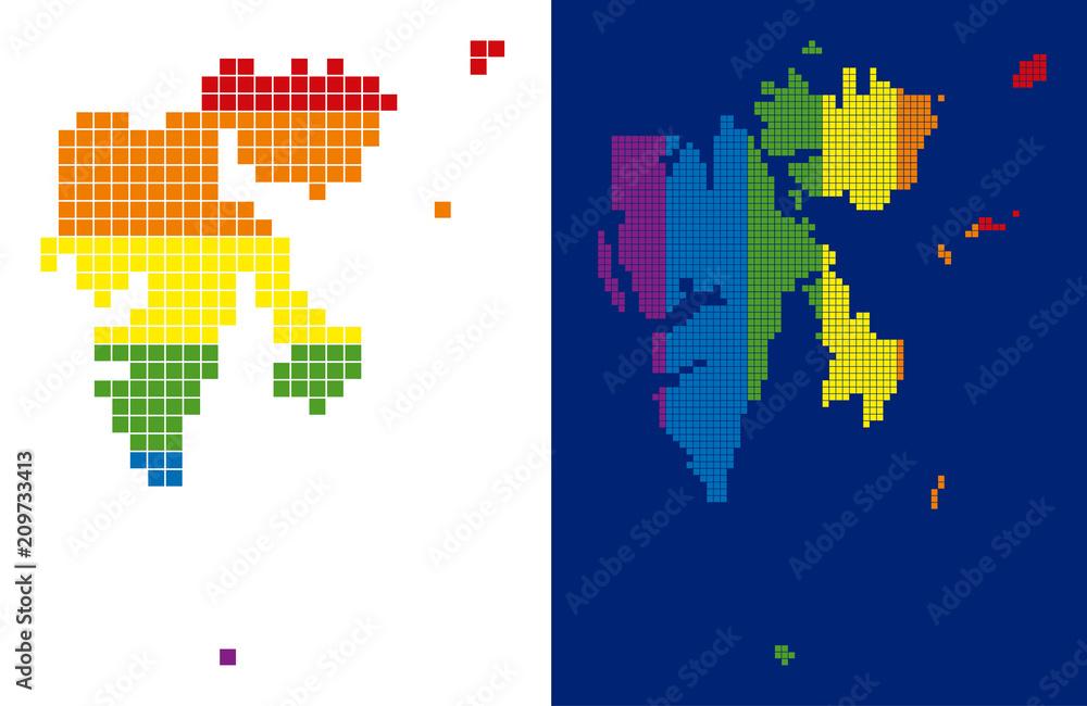 Poster dot lgbt svalbard island map variants. vector geographic maps in rainbow colors with vertical and ho