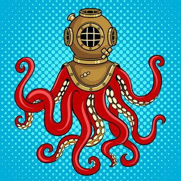 Octopus and old diver helmet pop art vector
