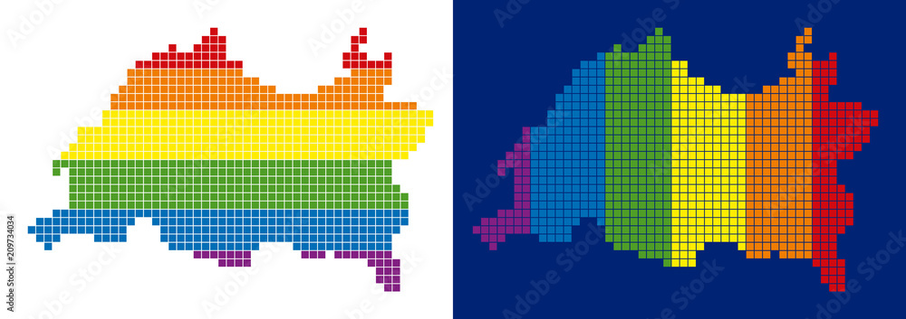Poster dot lgbt tatarstan map variants. vector geographic schemes in rainbow colors with vertical and horiz