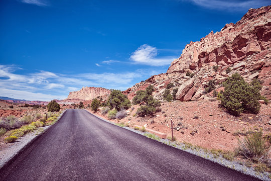 Vintage toned picturesque road in the Capitol Reef National Park, Utah, USA.