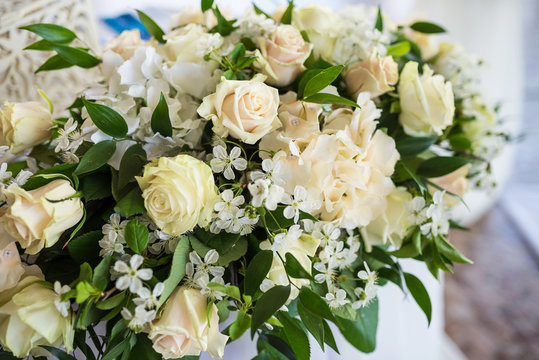 White roses wedding floral composition closeup. Wedding decorations