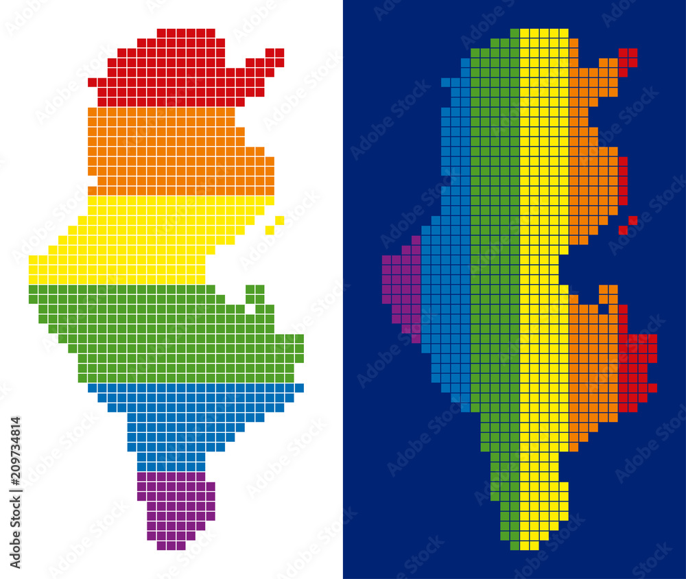 Poster dot lgbt tunisia map variants. vector geographic maps in lgbt flag colors with vertical and horizont