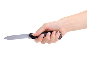 Folding knife in hands on a white background isolation
