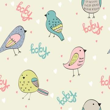 Vector hand drawn seamless pattern with birds