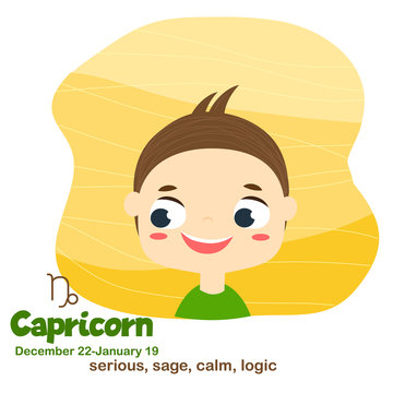 Capricorn. Kids zodiac. Children horoscope sign. Astrological symbols in cartoon style