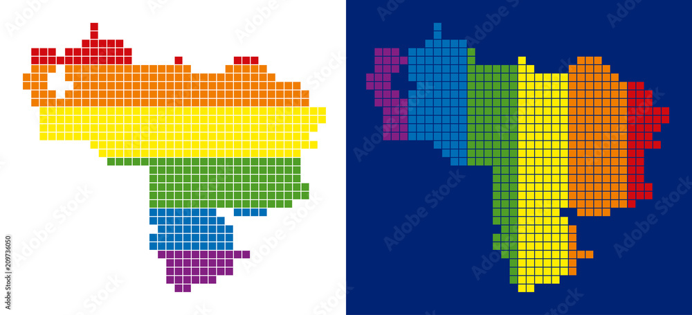 Poster dot lgbt venezuela map variants. vector geographic maps in rainbow colors with vertical and horizont