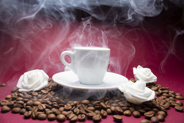 coffee mug is on coffee beans.