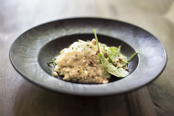Risotto with gem fit and levisticum celery on a wood table composition