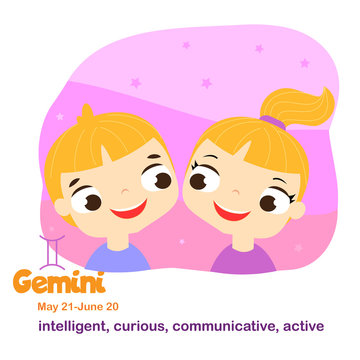Gemini. Kids zodiac. Children horoscope sign. Astrological symbols in cartoon style