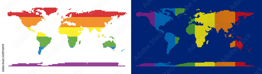Poster dotted lgbt world continent map variants. vector geographic plans in lgbt flag colors with vertical 