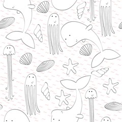 Vector seamless pattern with a mermaid and an octopus, dolphin