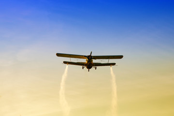 Fototapeta na wymiar Biplane flying in the sunset