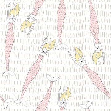 Vector cute seamless pattern with a mermaid