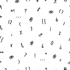 Abstract seamless patterns with punctuation marks, hashtag, mathematical symbols on white backgroung. Hand sketched elemements for school design, paper, apparel, textile, tableware design. Vector. 