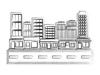 sketch of street with city buildings and stores over white background, vector illustration