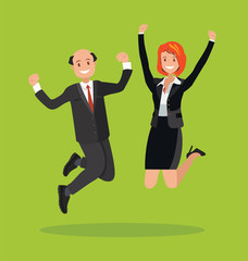 A cheerful team of business people, a man and a woman jump, celebrate the victory.