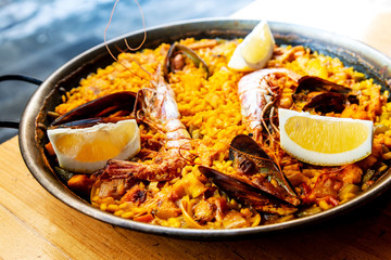 Prawn with rice - closeup of prawn with rice - traditionnal spanish food paella