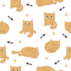Vector cartoon seamless pattern with cute ginger cats.