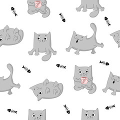 Vector cartoon seamless pattern with cute gray cats.